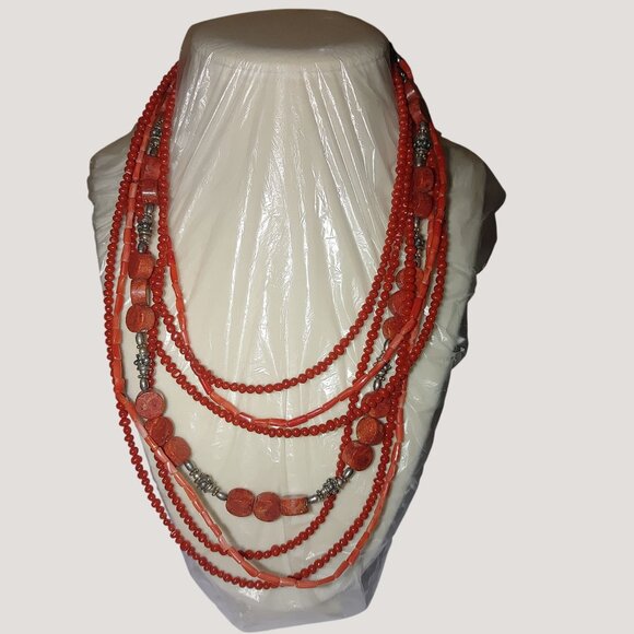 Red Coral Multi Strand Necklace 16 Inch Mexican 925 Sterling Silver Intricate - Picture 7 of 11